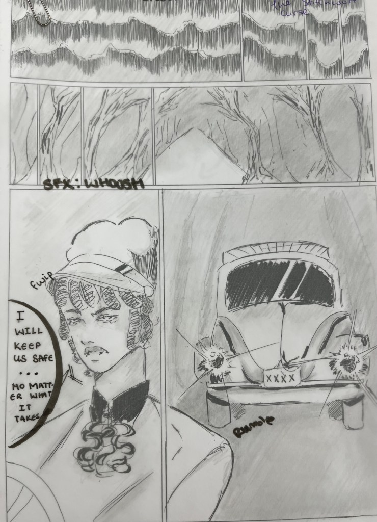 Viola driving up to Stitchwort house, by artist Kene, who I'd like to nominate for illustrating the Stitchwort graphic novel! 